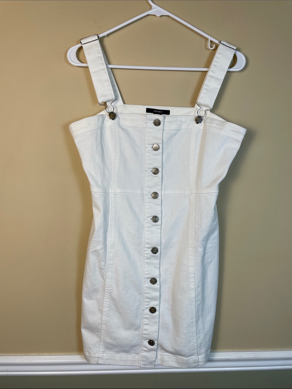 NWT Forever 21 Women’s White Denim Button-Front Overall Mini Dress